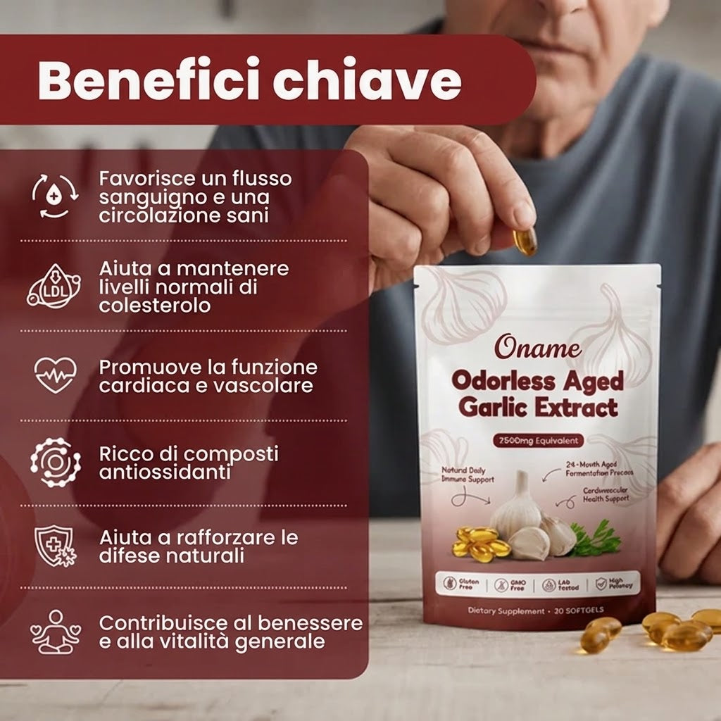 Oname Aglio invecchiato 24 mesi: abbassa e stabilizza la pressione sanguigna in modo naturale.