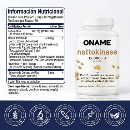 Oname | Complejo de nattokinasa 12 000 FU - 60 cápsulas vegetarianas