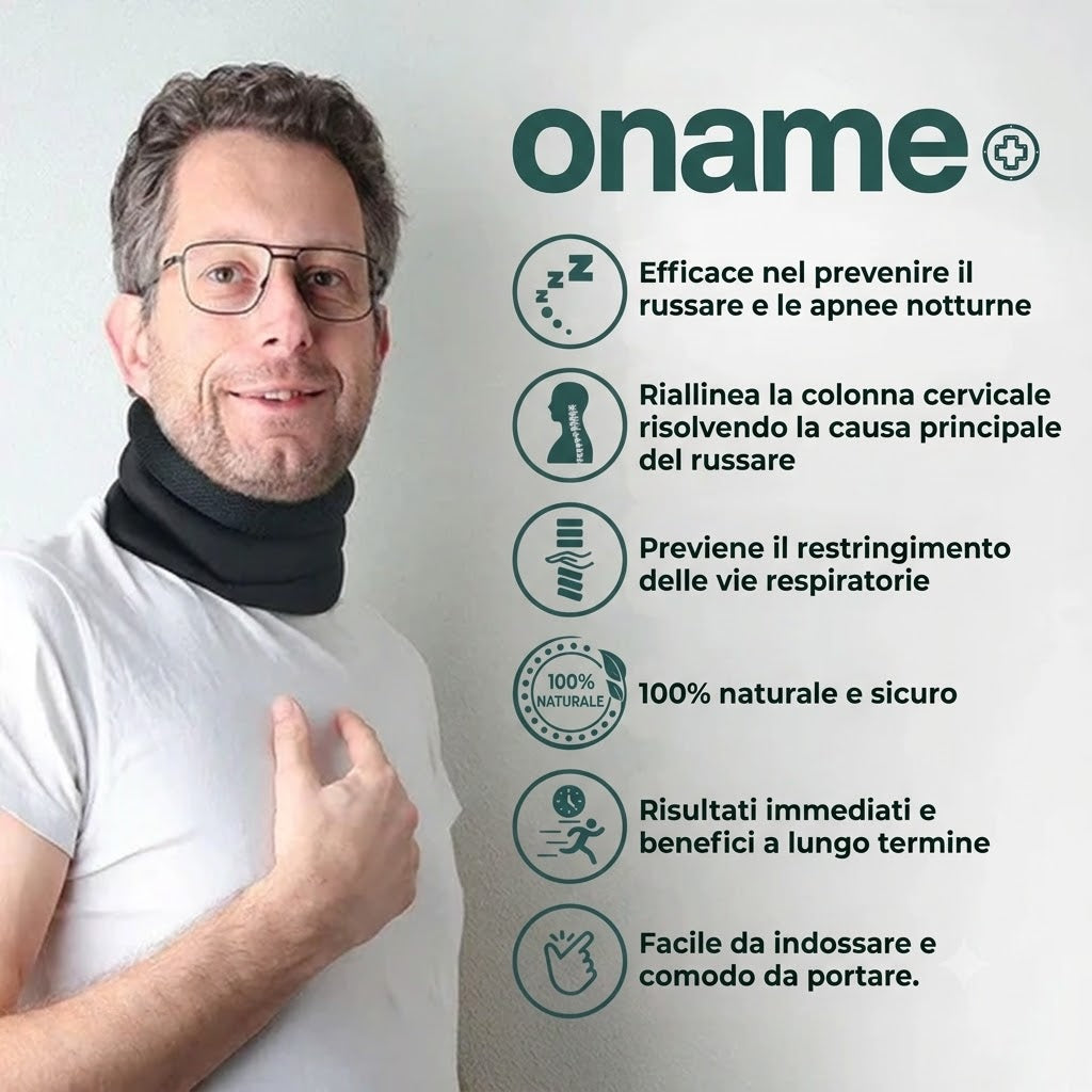 Oname™ Supporto Cervicale Notturno — Respirazione Libera & Anti-Russamento